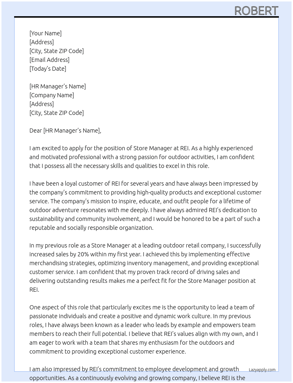 Store Manager At REI Cover Letter
