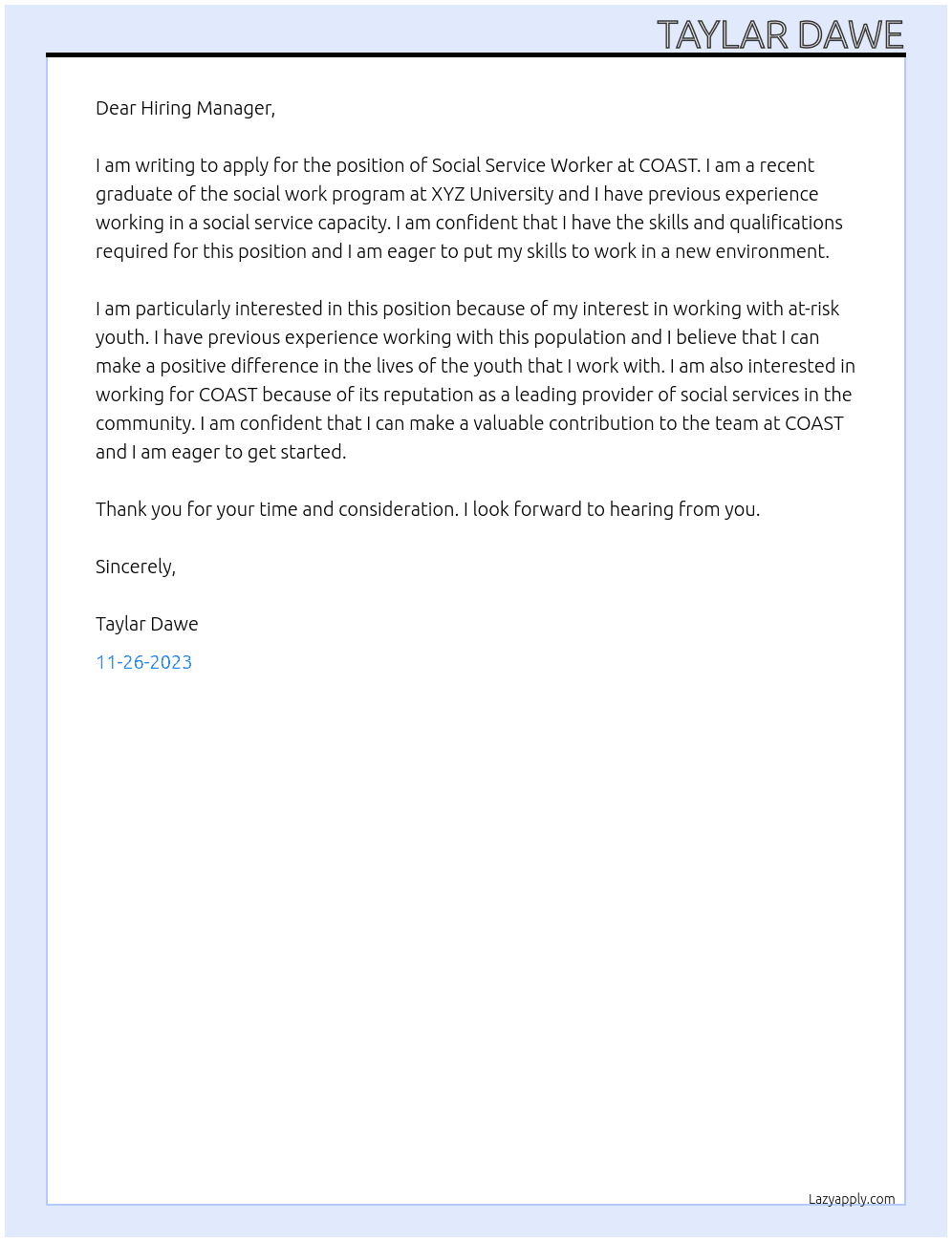 Social Service Worker At COAST Cover Letter