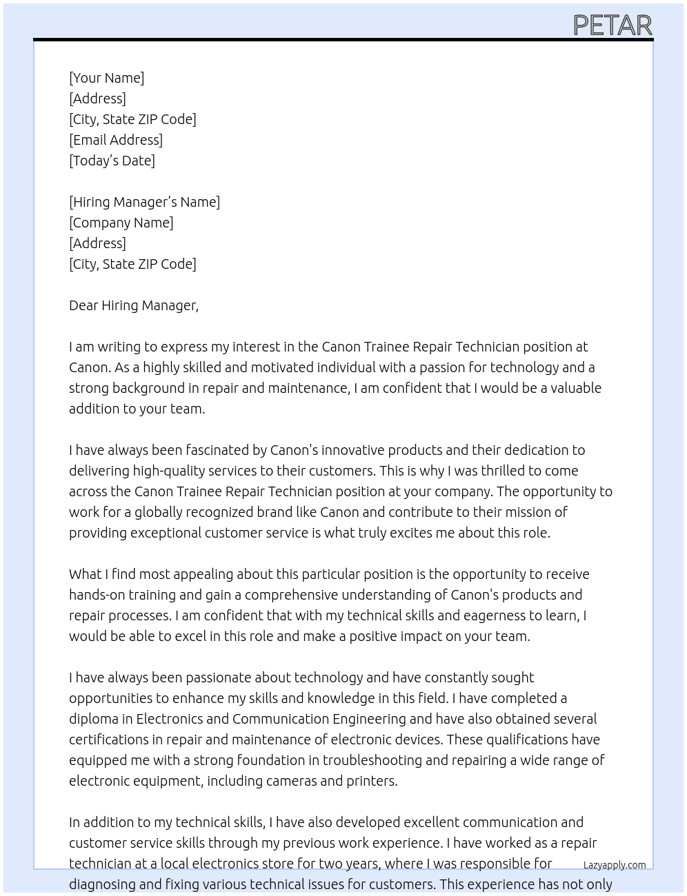 Canon Trainee Repair Technician At canon Cover Letter