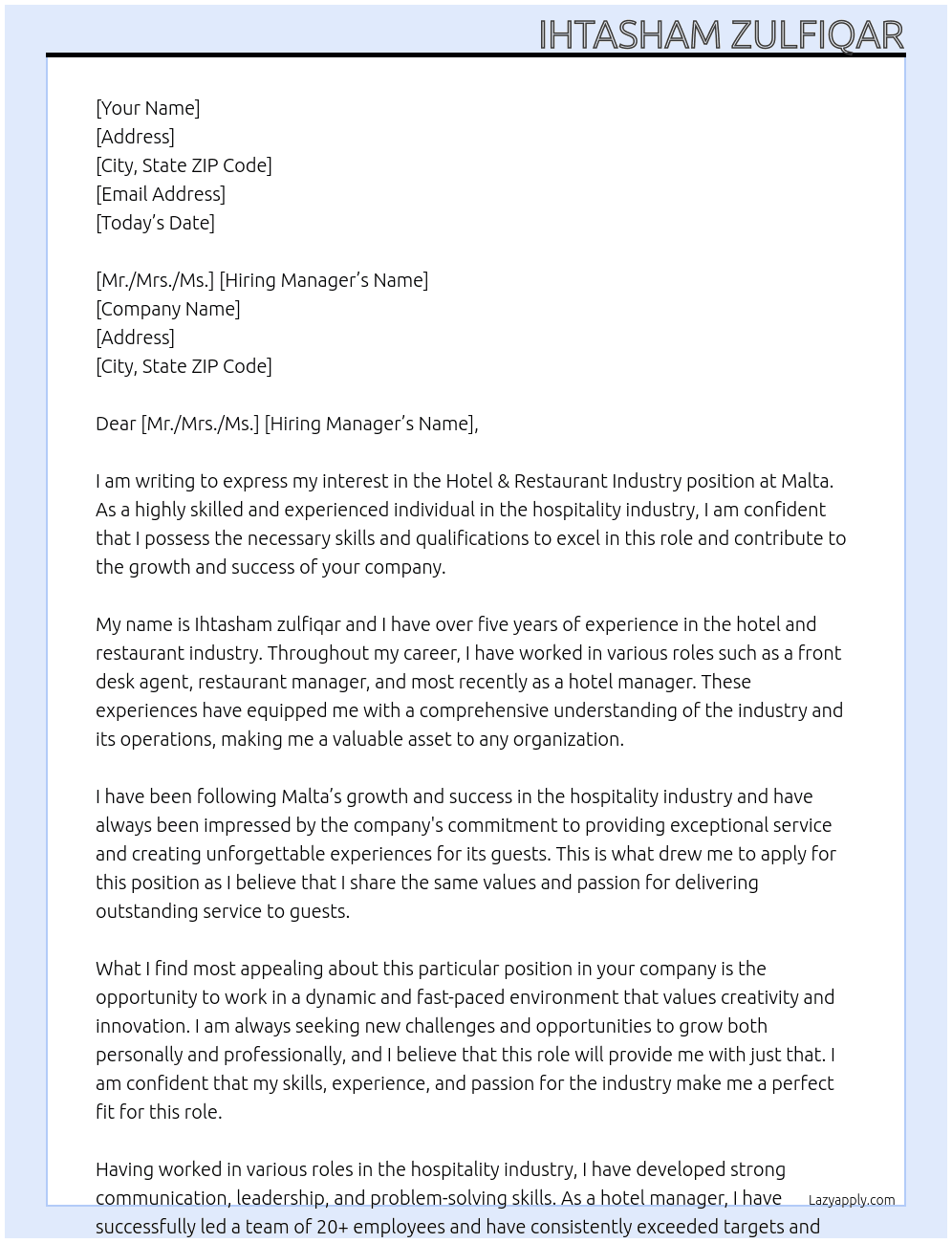 Hotel & Restaurant Industry At Malta  Cover Letter