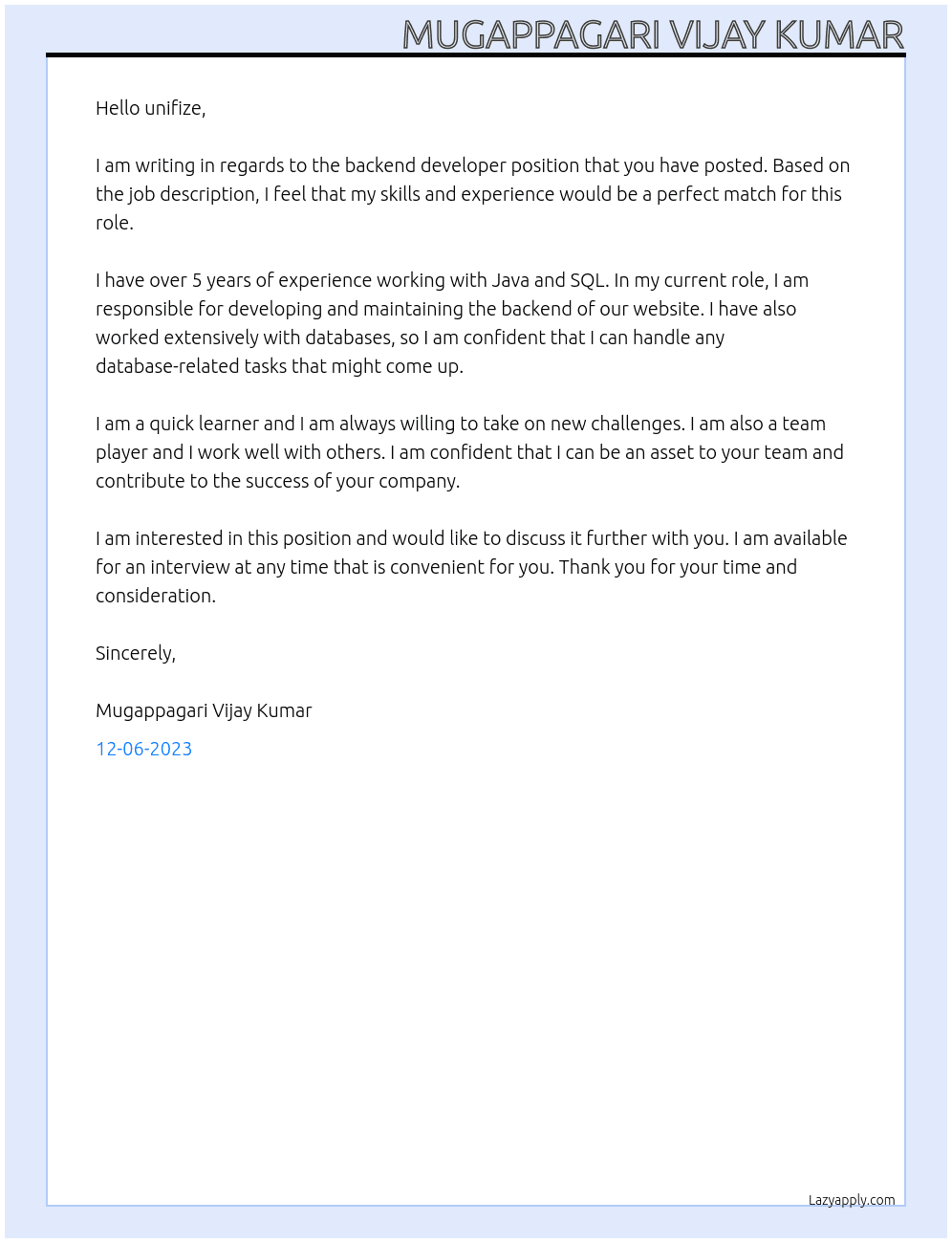 Backend developer At unifize Cover Letter