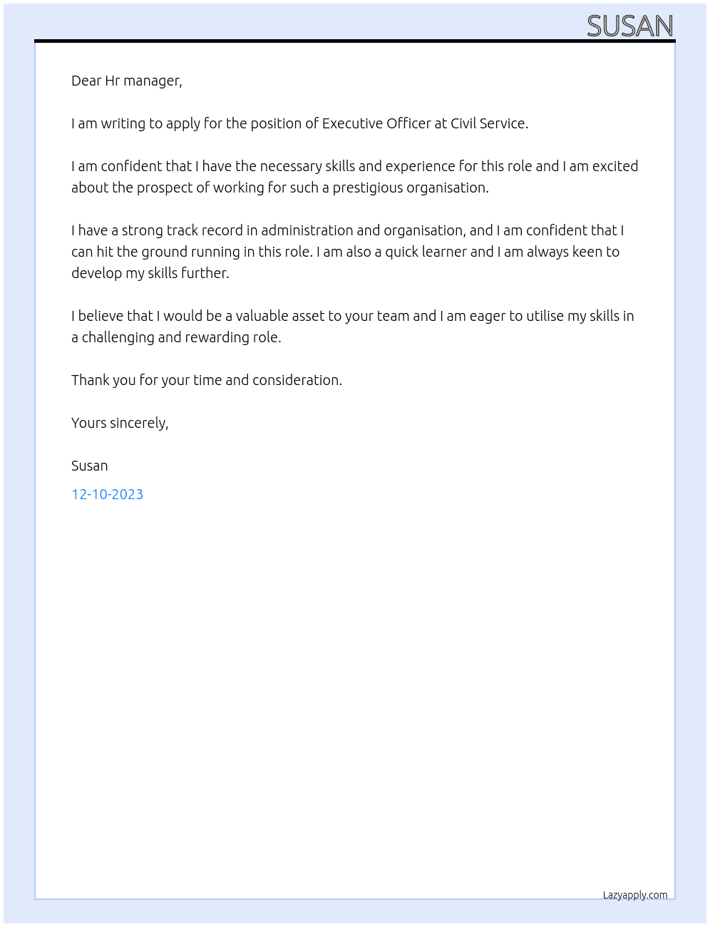 Executive officer At Civil Service  Cover Letter
