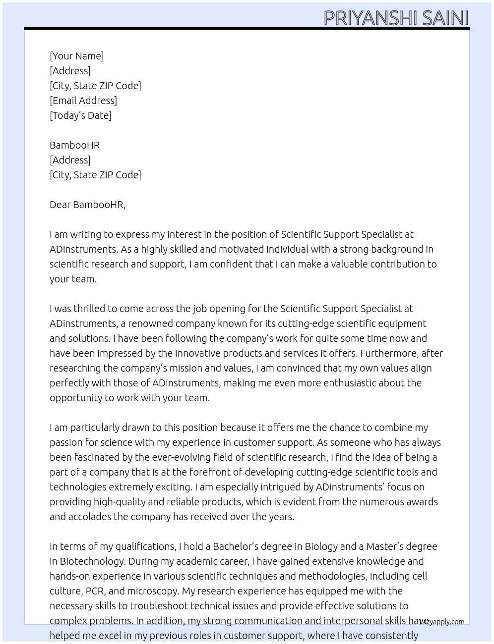 Scientific Support Specialist At ADinstruments Cover Letter
