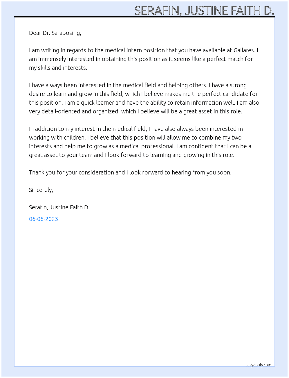 medical intern At Gallares Cover Letter