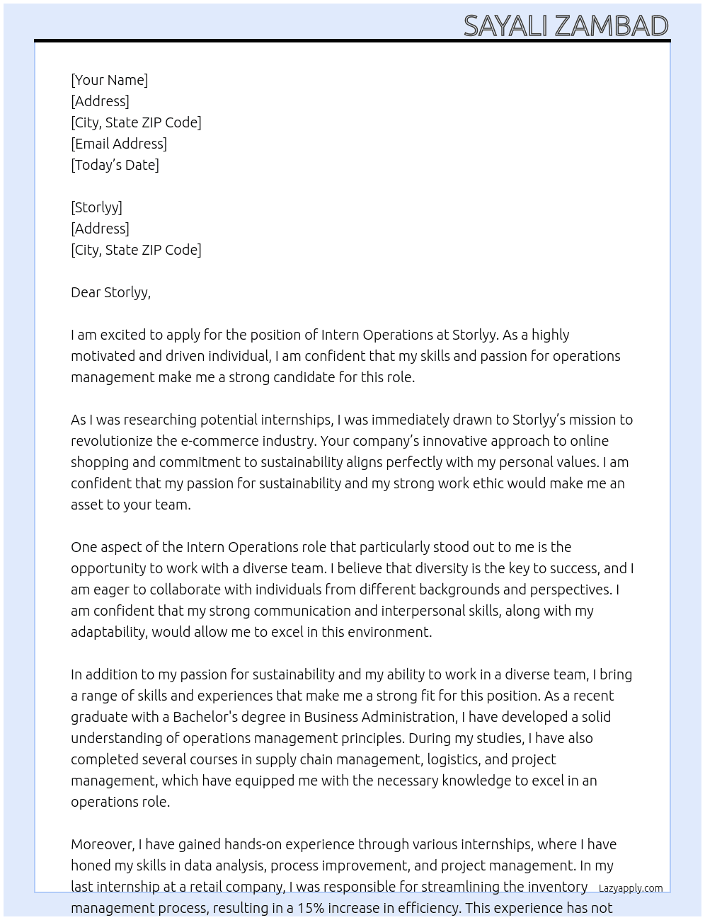 Intern Operations At Storlyy Cover Letter