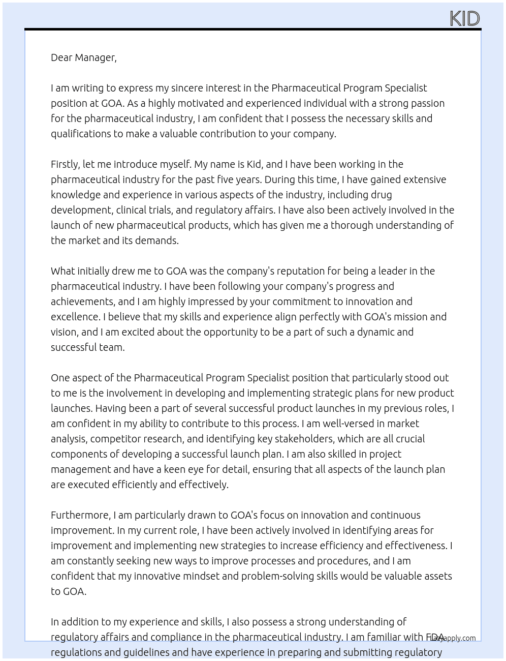 Pharmaceutical program specialist At GOA Cover Letter
