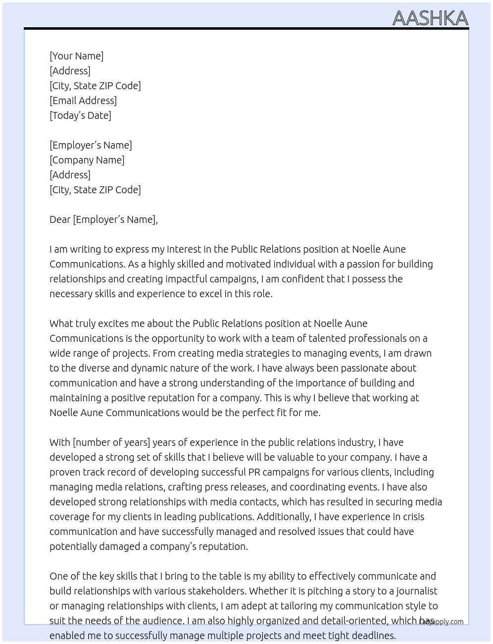 Public relations At Noelle Aune Communications Cover Letter
