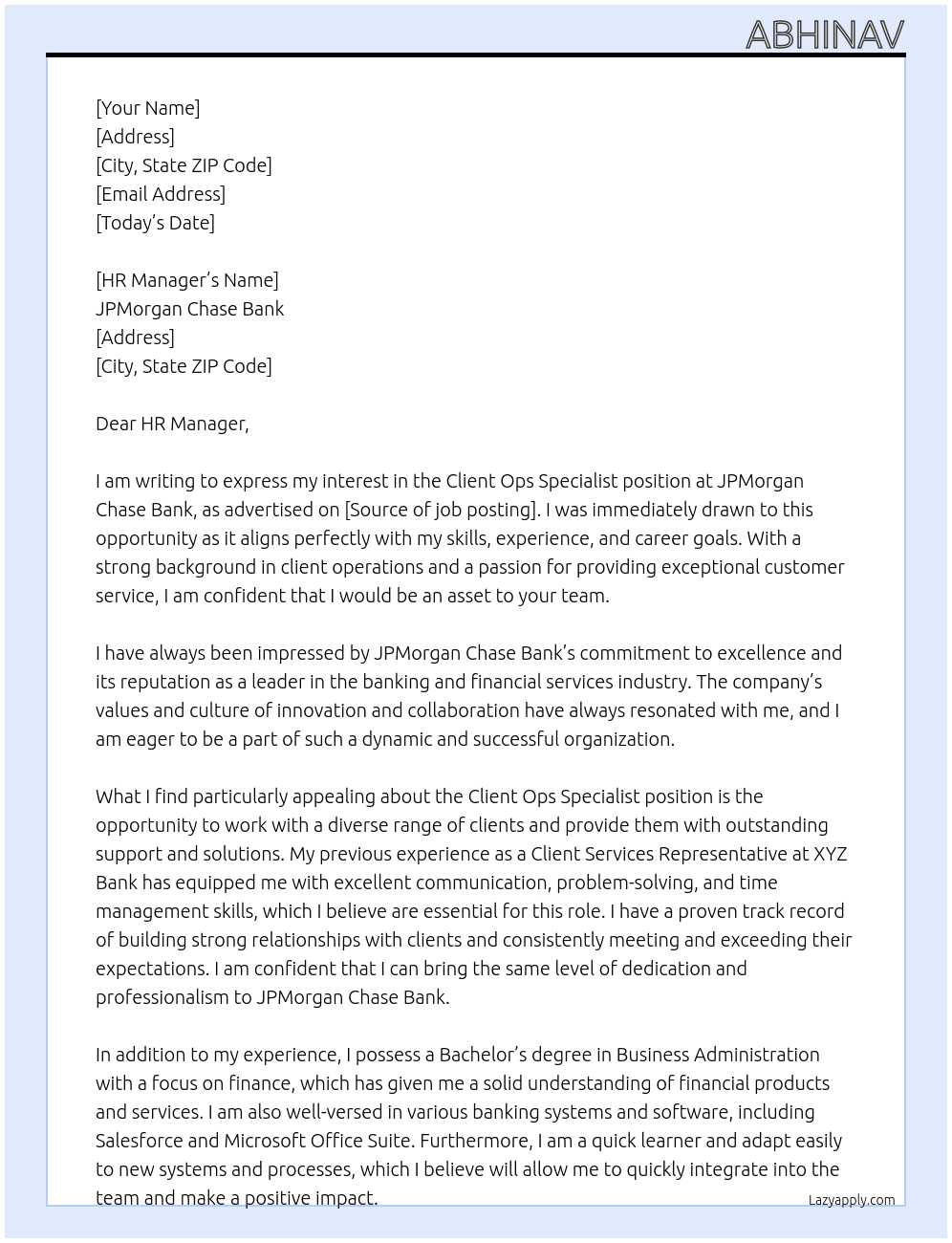 Client Ops Specialist At JPMorgan Chase Bank Cover Letter