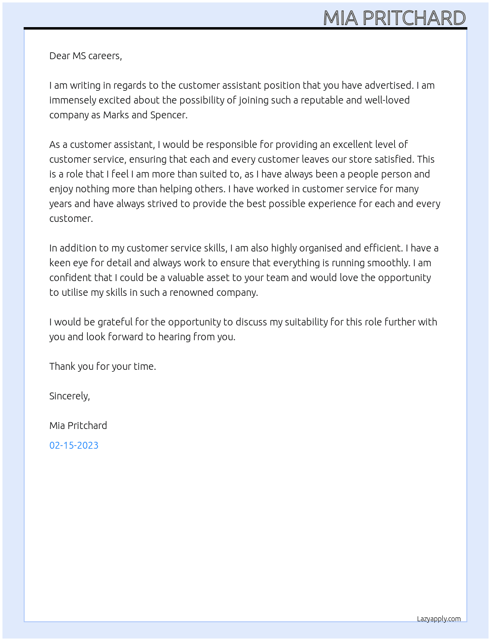 customer assistant At marks and spencers Cover Letter