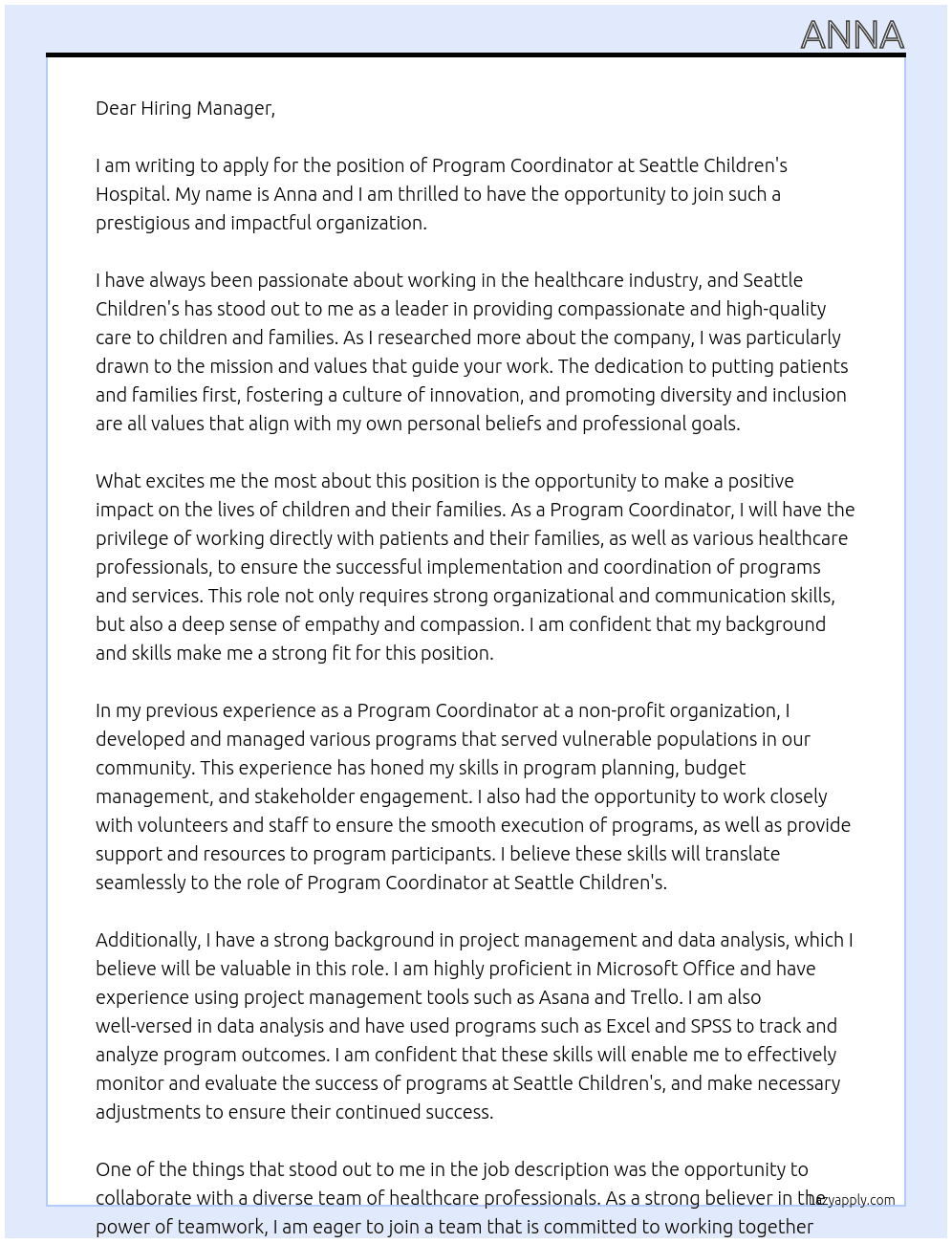 program coordinator At seattle childrens Cover Letter
