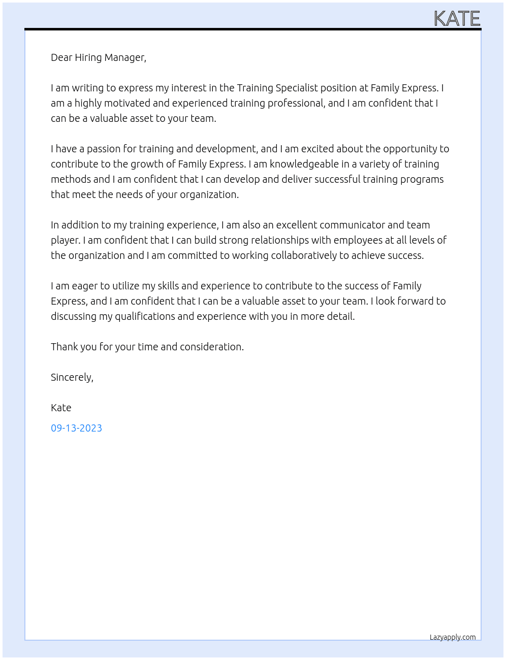 Training Specialist At Family Express Cover Letter