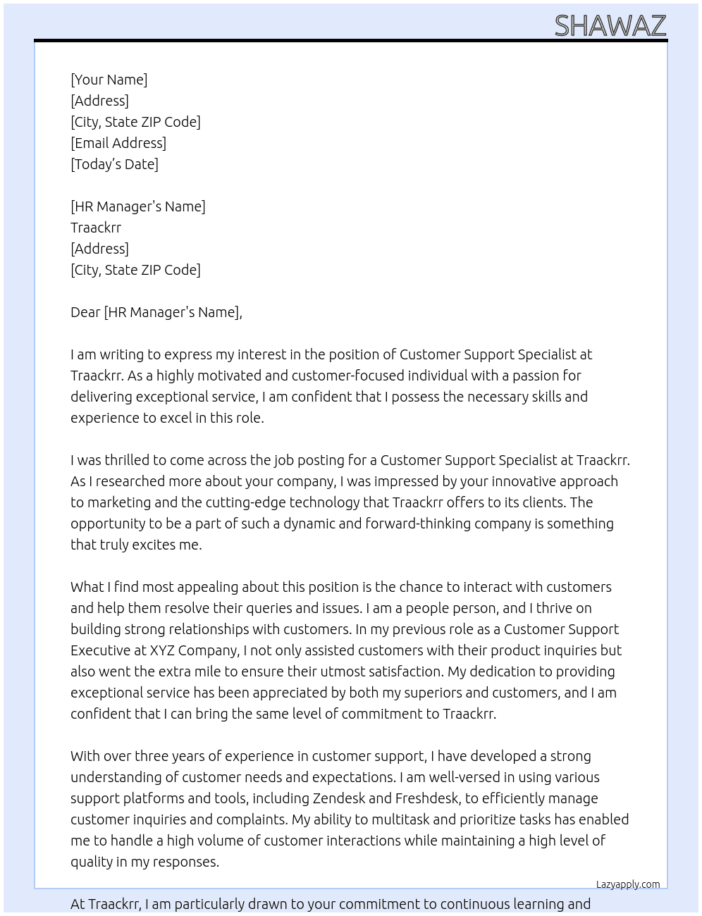 Customer support specialist At Traackrr Cover Letter