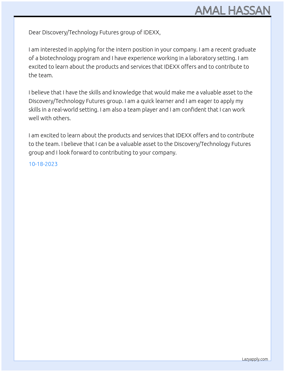  intern At idexx bioanalytics Cover Letter