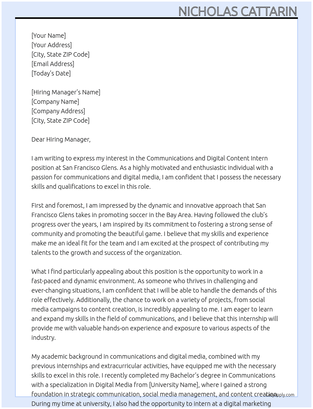 Communications and Digital Content Intern At San Francisco Glens Cover Letter
