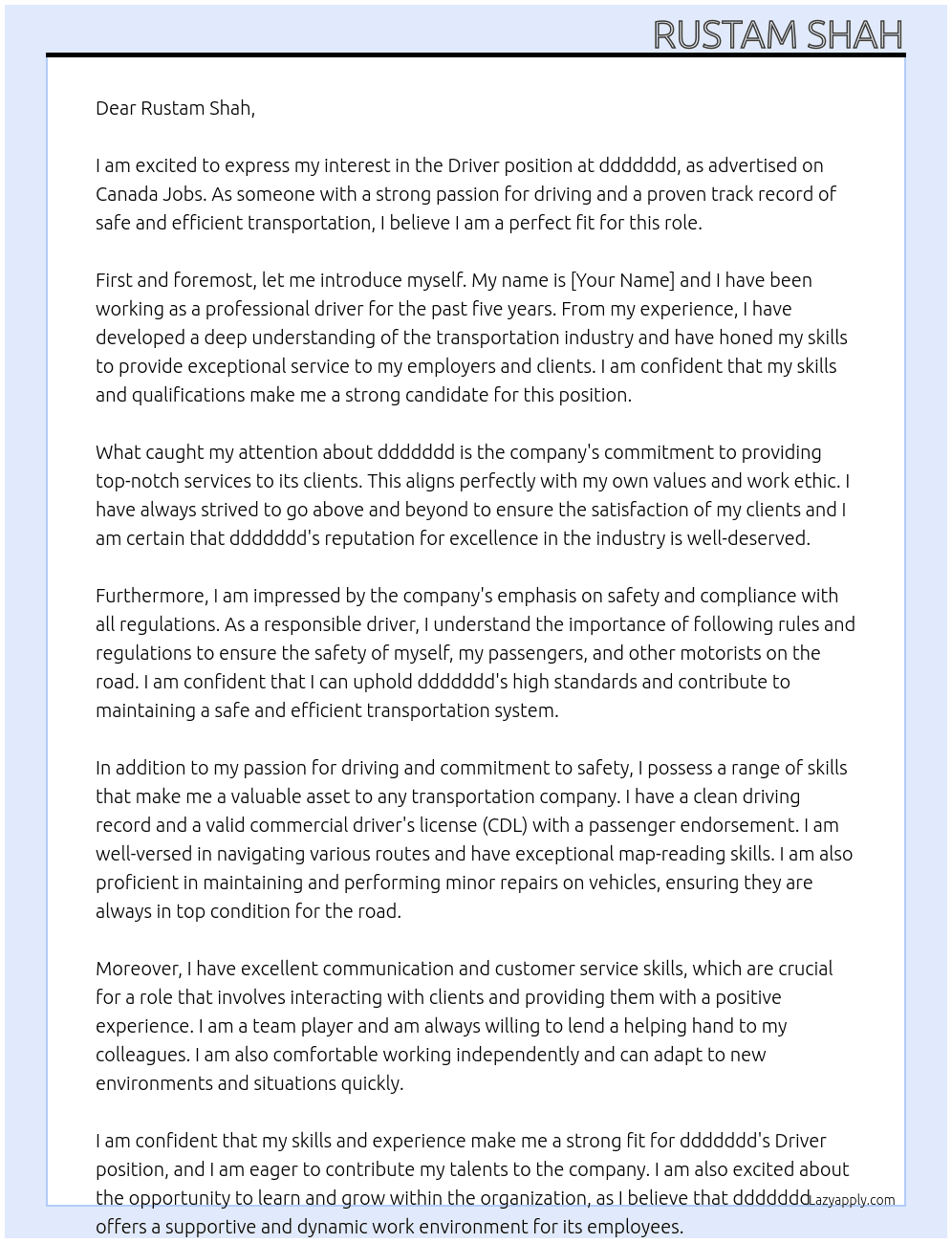 Driver At ddddddd Cover Letter