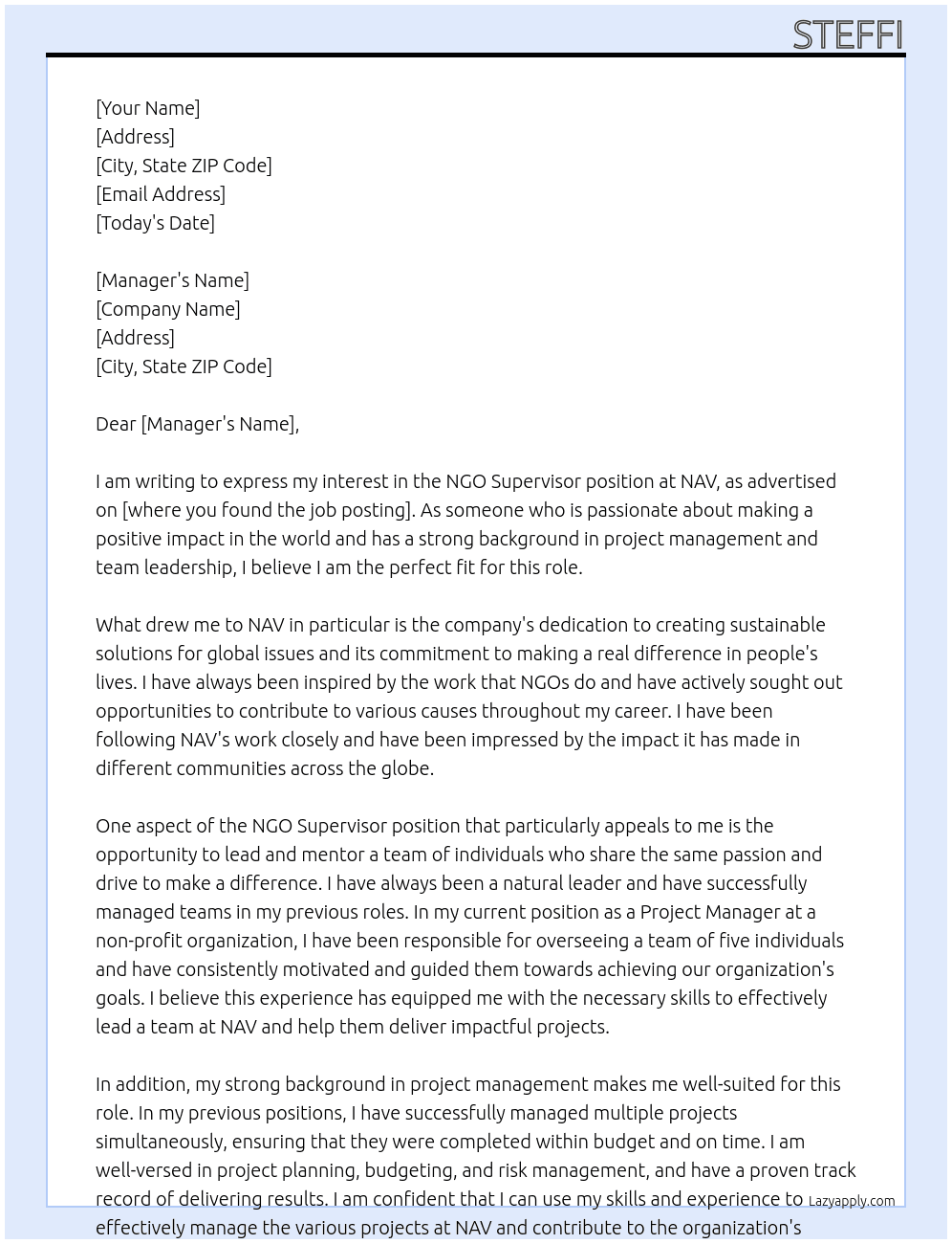 ngo supervisor At nav Cover Letter