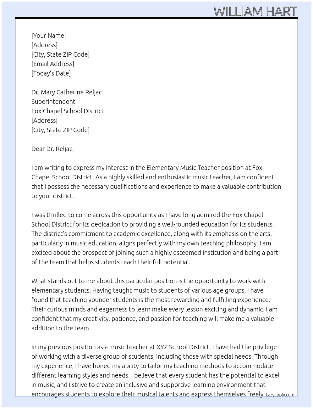 Elementary Music Teacher At Fox Chapel School District Cover Letter