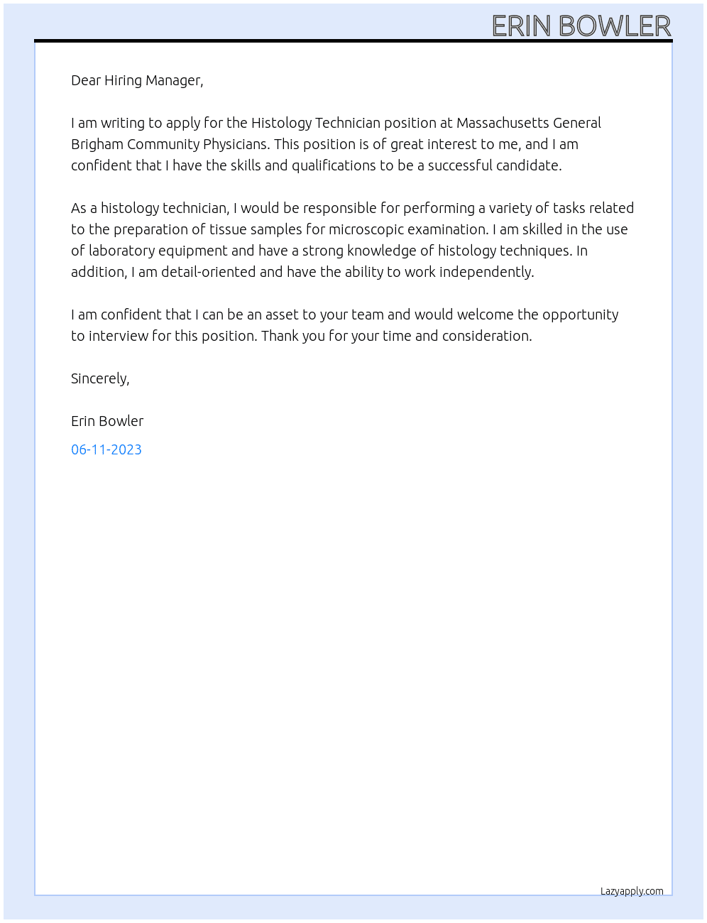 Histology Technician  At Massachusetts General Brigham Community Physicians  Cover Letter