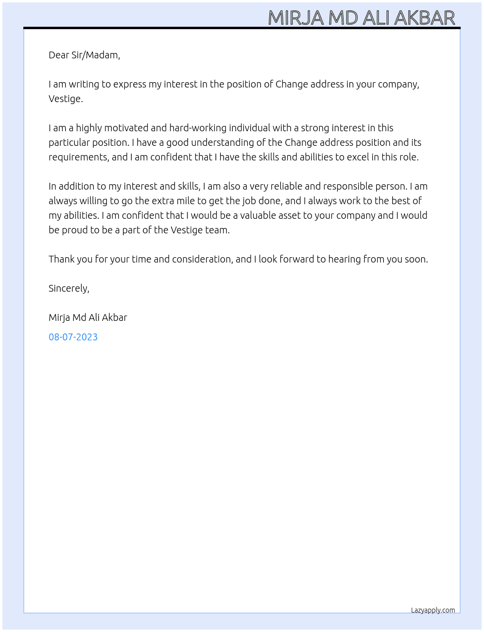 Change address  At Vestige  Cover Letter