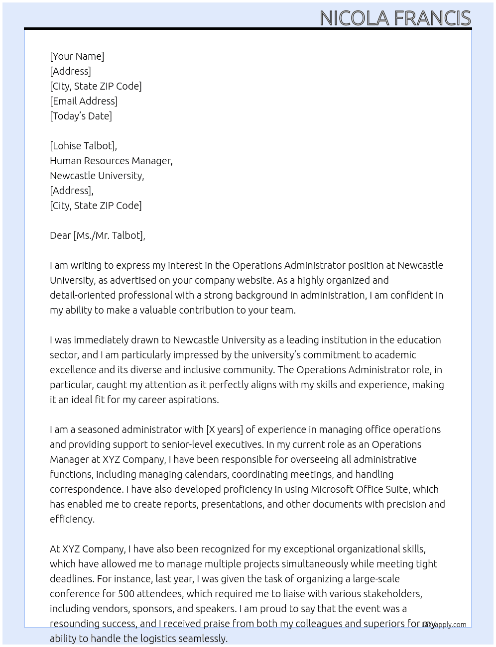 Operations Administrator  At Newcastle University Cover Letter
