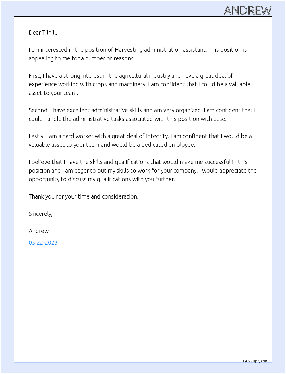 Harvesting administration assistant At Tilhill Cover Letter