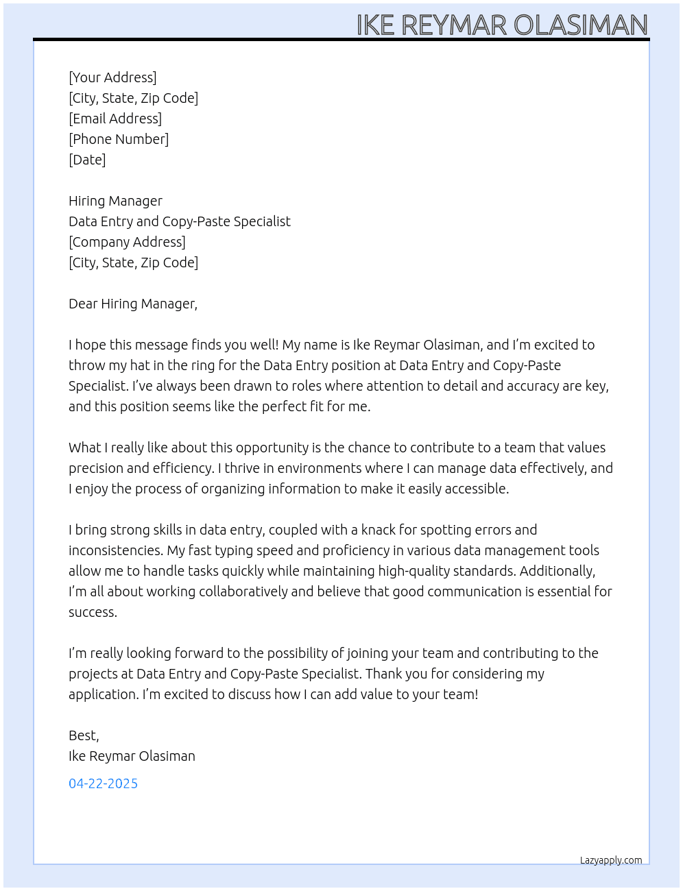 data entry At Data Entry and Copy-Paste Specialist Cover Letter