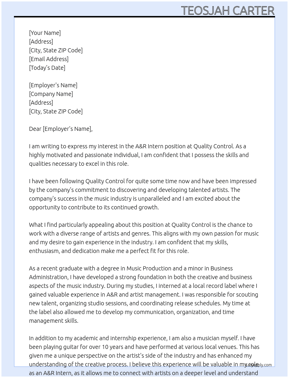 A&R Intern At Quality Control Cover Letter