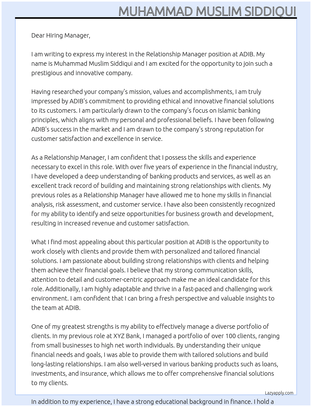 Relationship Manager At ADIB Cover Letter