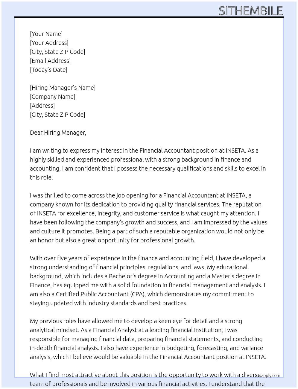 Financial Accountant At INSETA Cover Letter