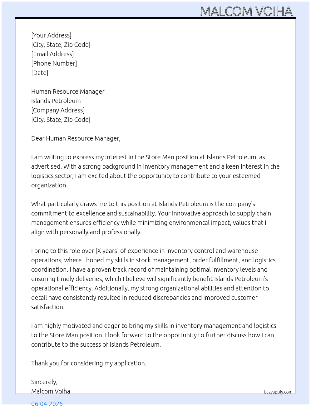Store man At Islands petroleum  Cover Letter