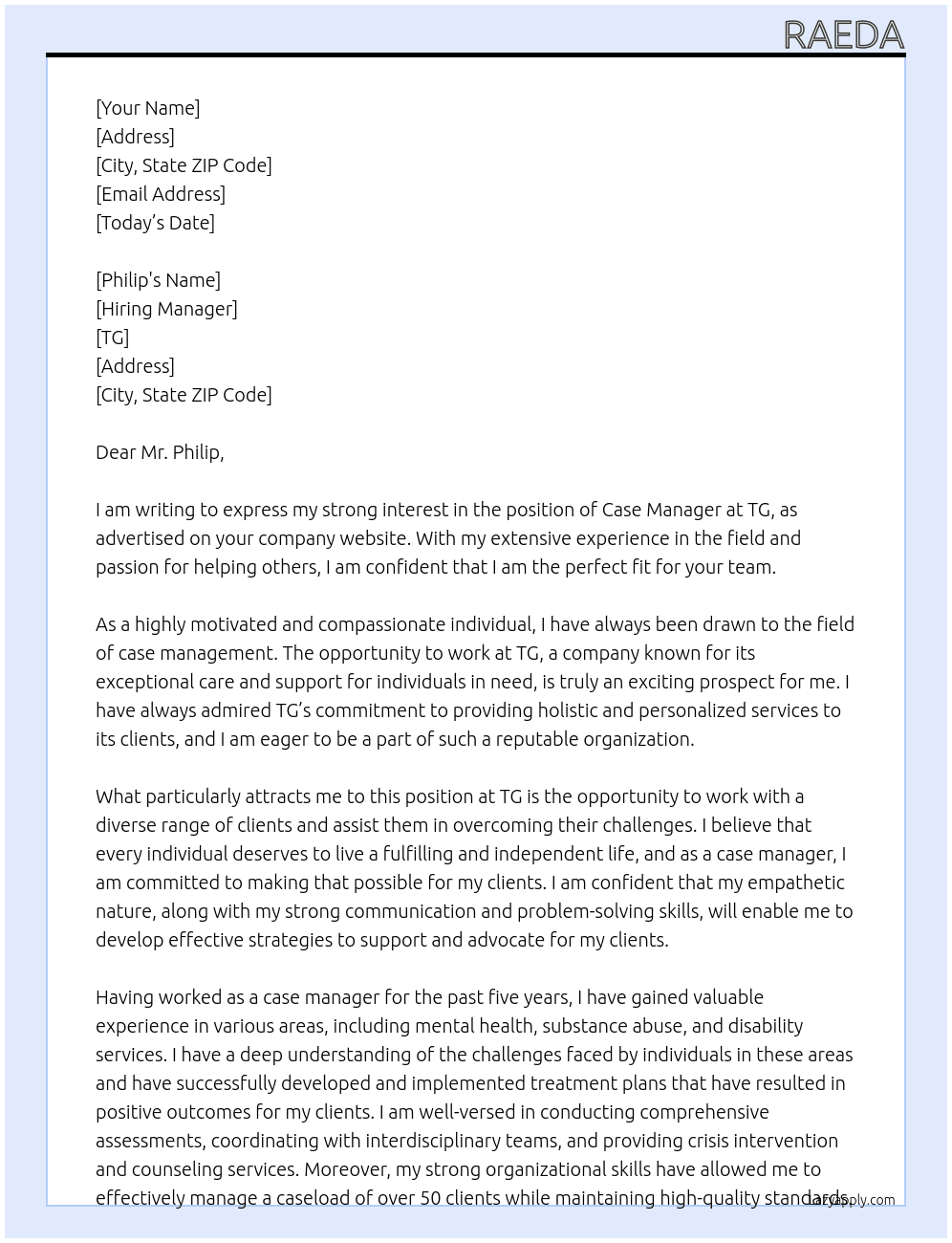 case manager At TG Cover Letter