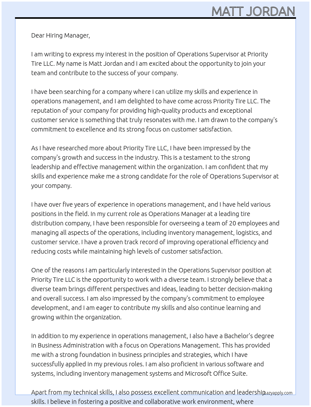 Operations Supervisor At Priority Tire LLC Cover Letter