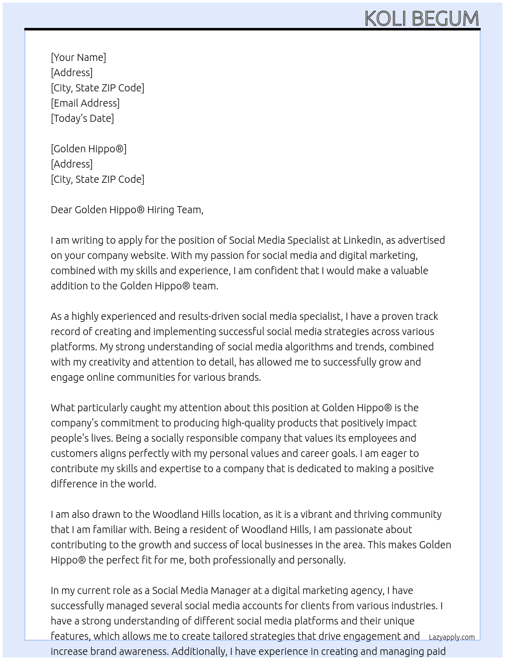 Social Media Specialist At Linkedin Cover Letter