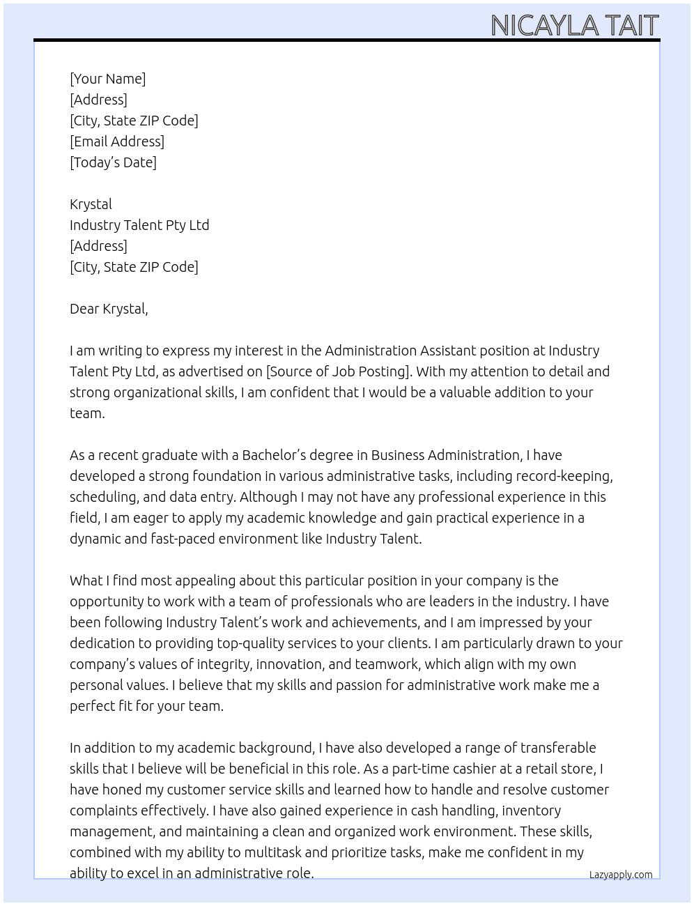 Administration Assistant At Industry Talent Pty Lyd Cover Letter