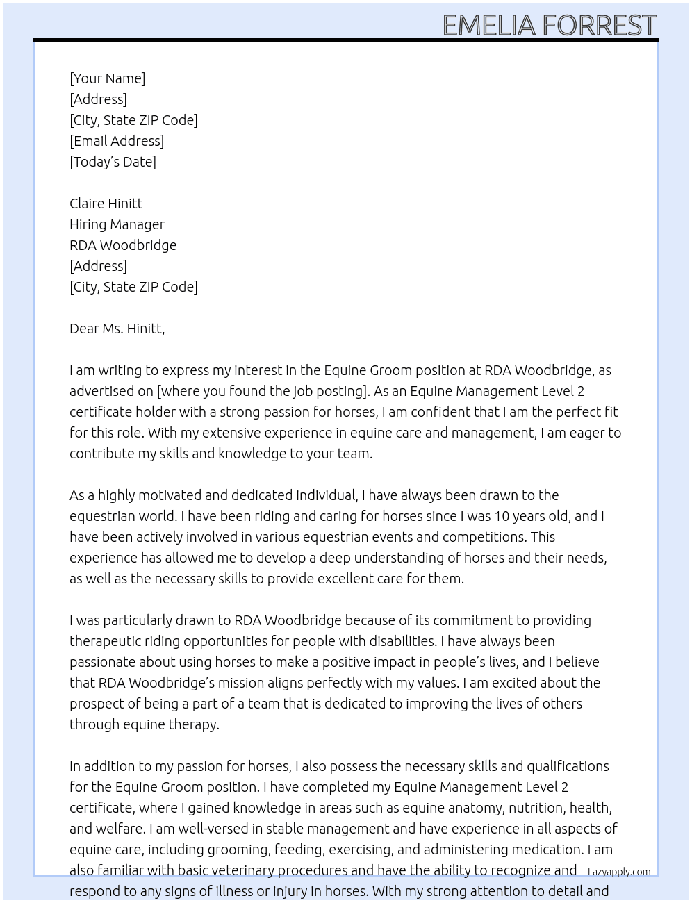 Equine Groom At RDA Woodbridge Cover Letter
