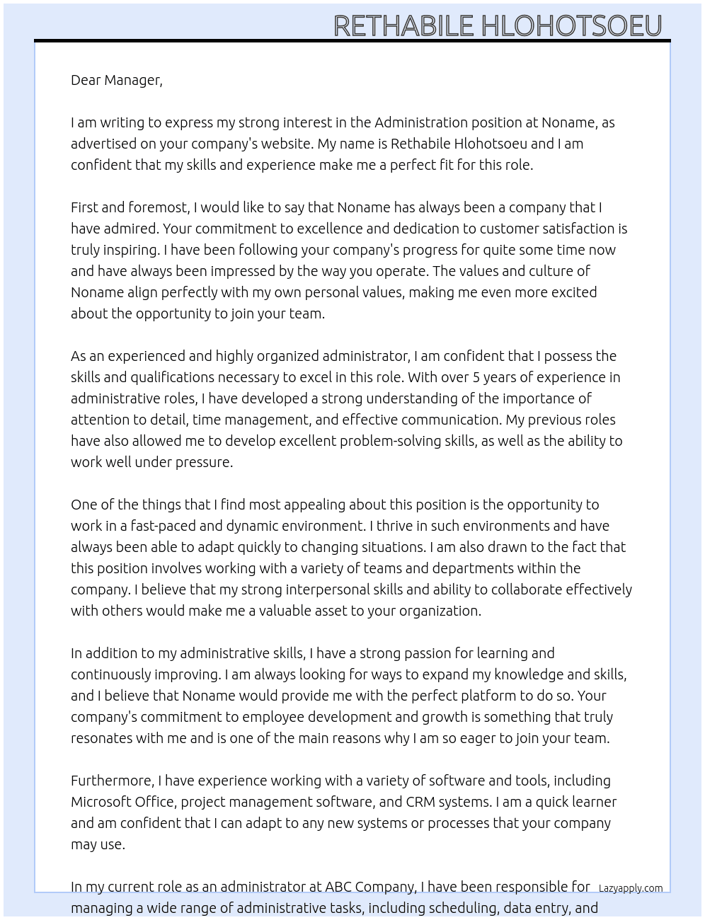 Administration  At Noname  Cover Letter