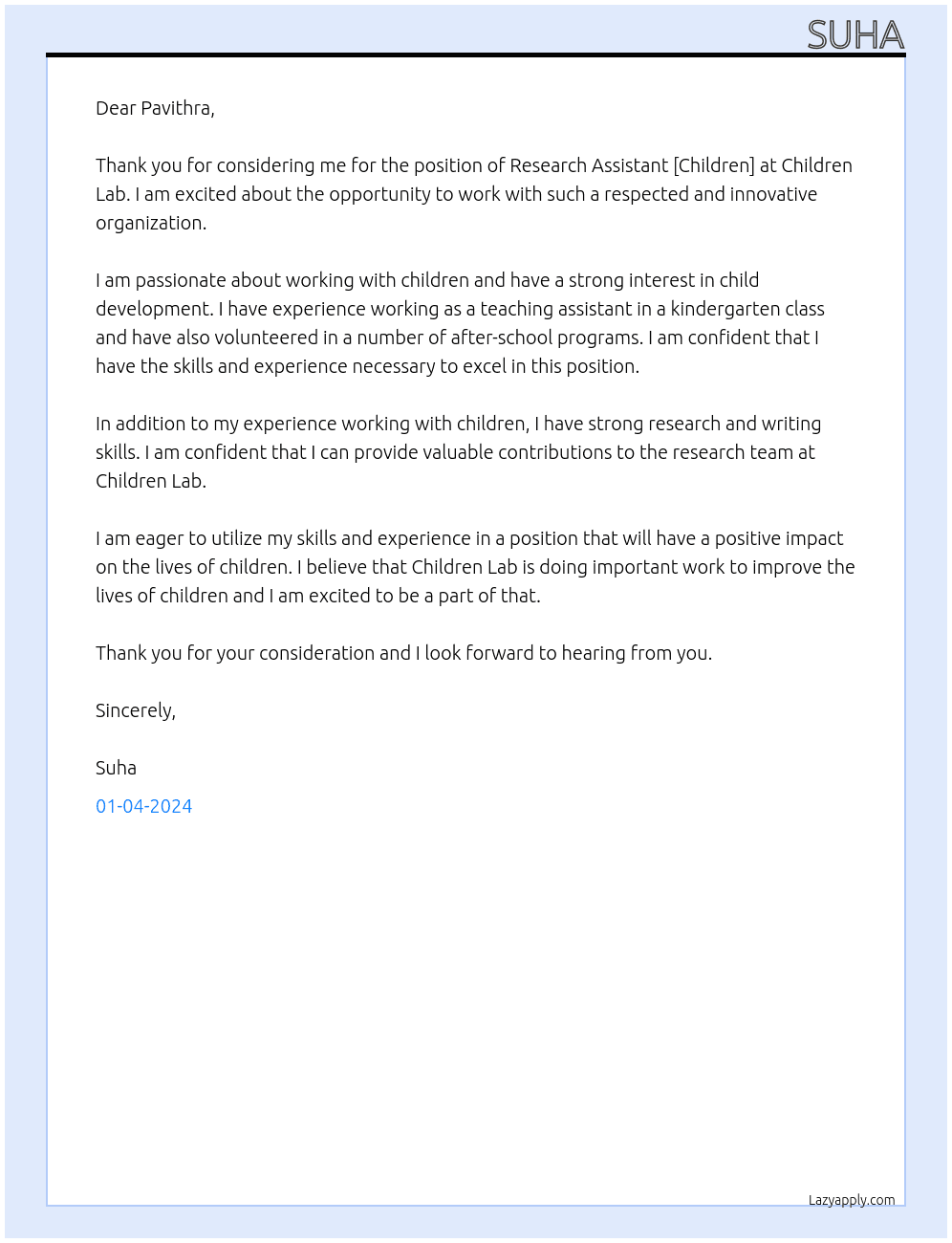 Research Assistant [Children] At Children Lab  Cover Letter