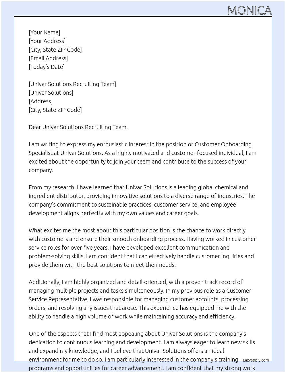 Customer Onboarding Specialist  At Univar Solutions Cover Letter