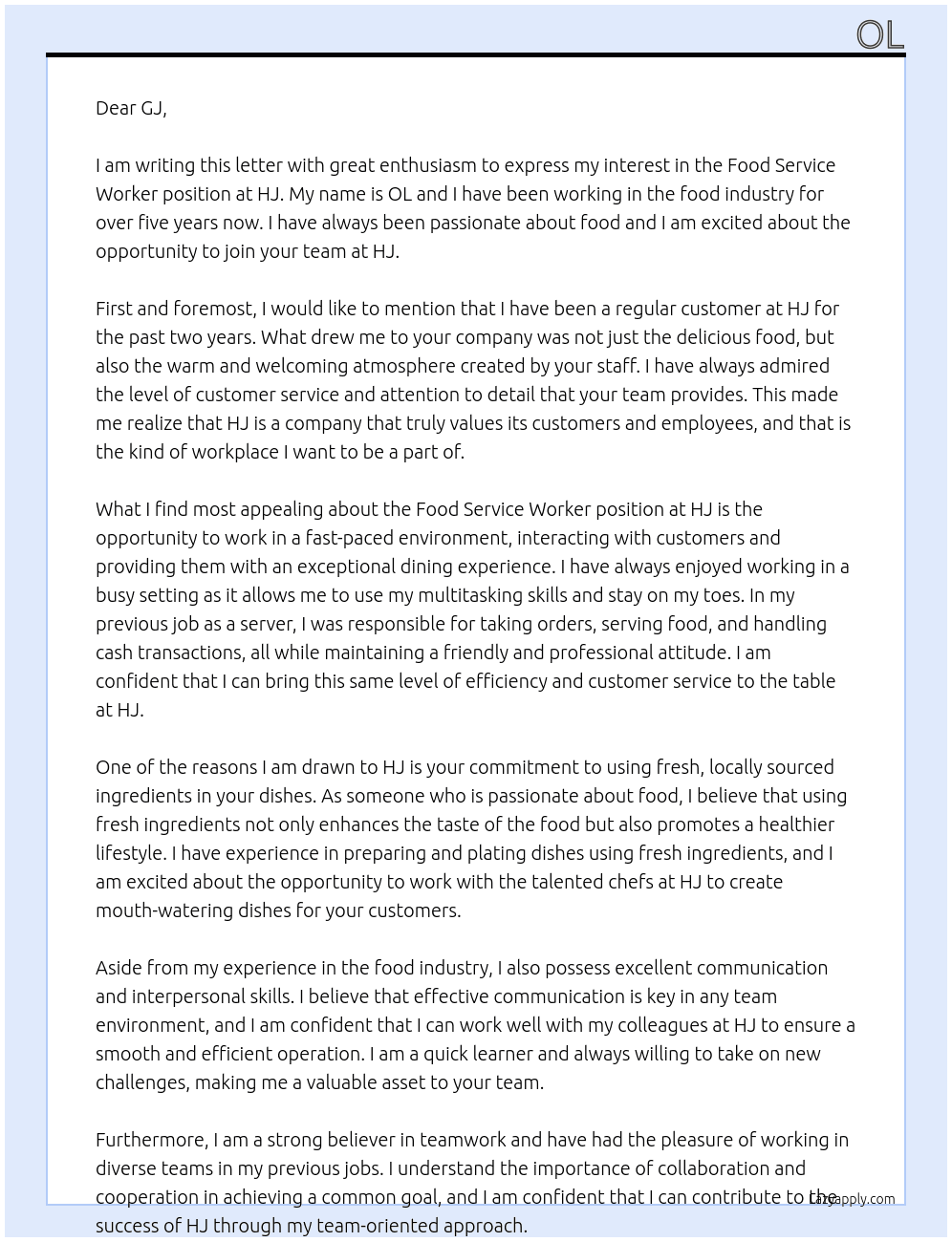 Food Service Worker At hj Cover Letter