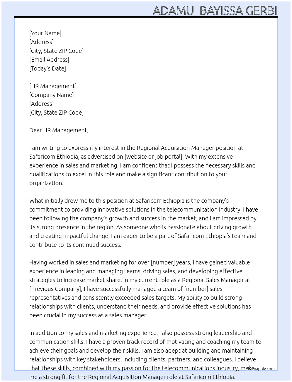 Regional Acquisition Manager-Asossa At Safaricom Ethiopia  Cover Letter