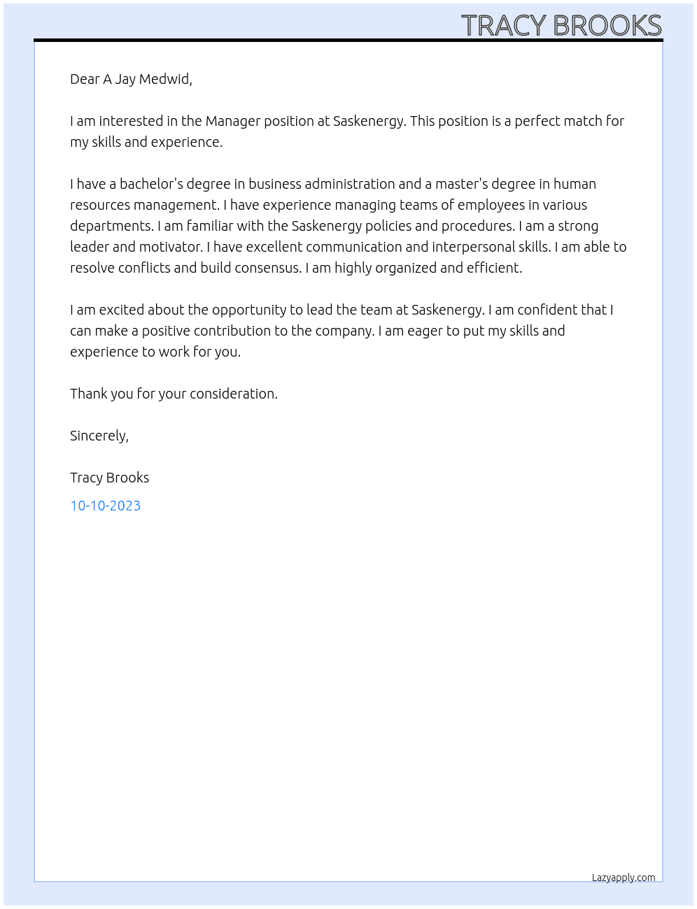 Manager At Saskenergy  Cover Letter
