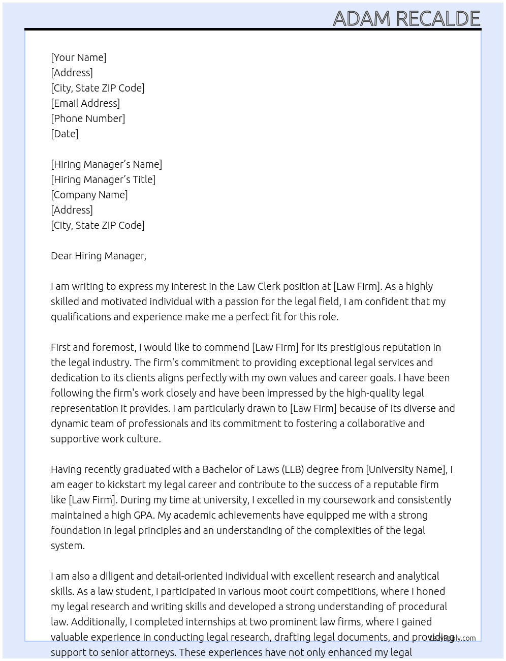 Law Clerk At Law Firm Cover Letter
