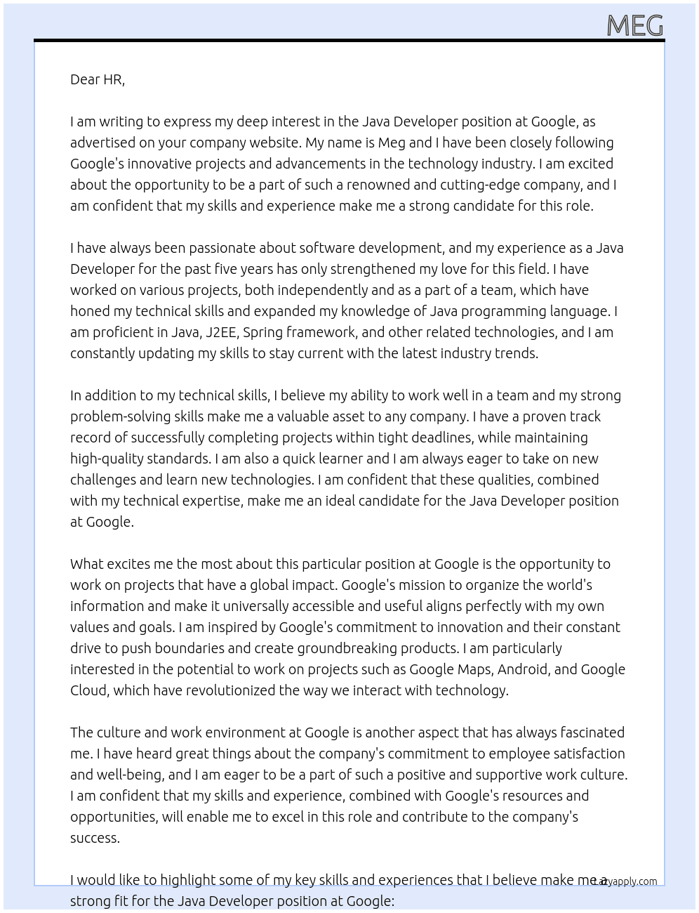 java developer At google Cover Letter