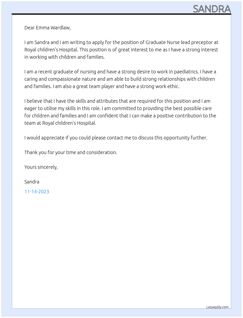 Graduate Nurse lead preceptor At Royal childrne's Hospital Cover Letter