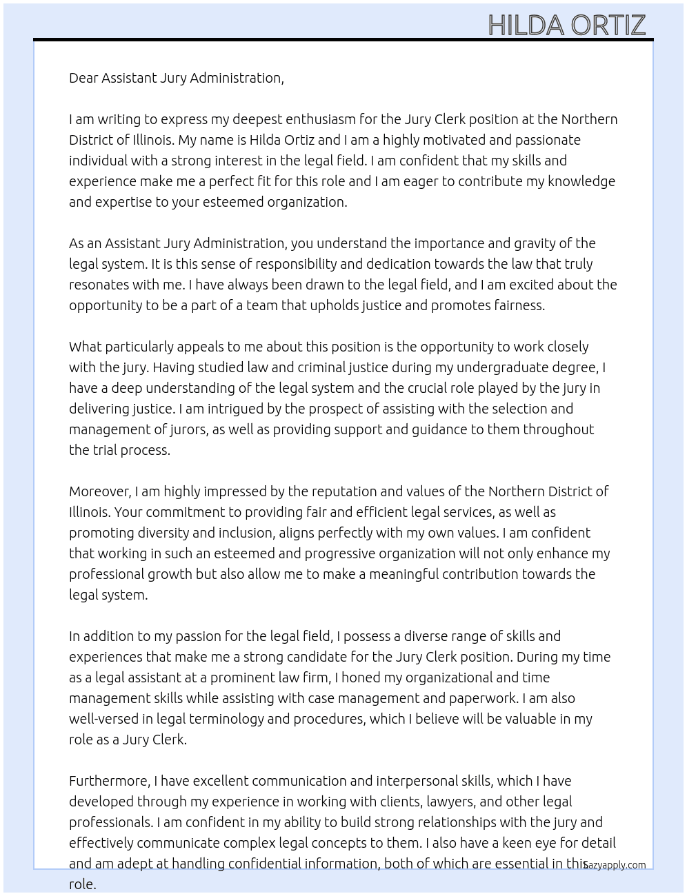 Jury Clerk At Northerd District of Illinois Cover Letter