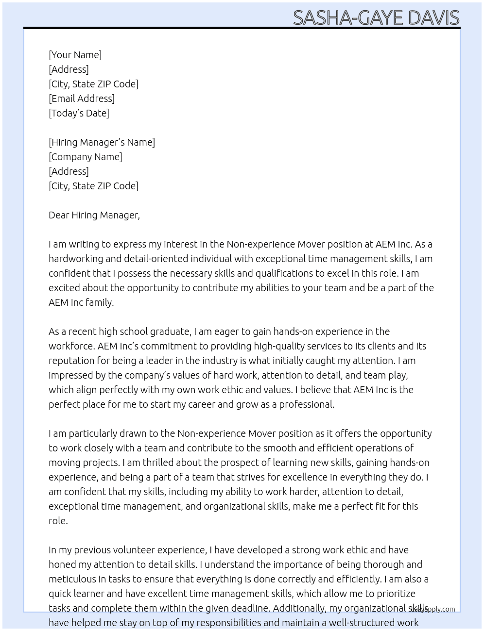 Non experience Mover  At AEM Inc Cover Letter