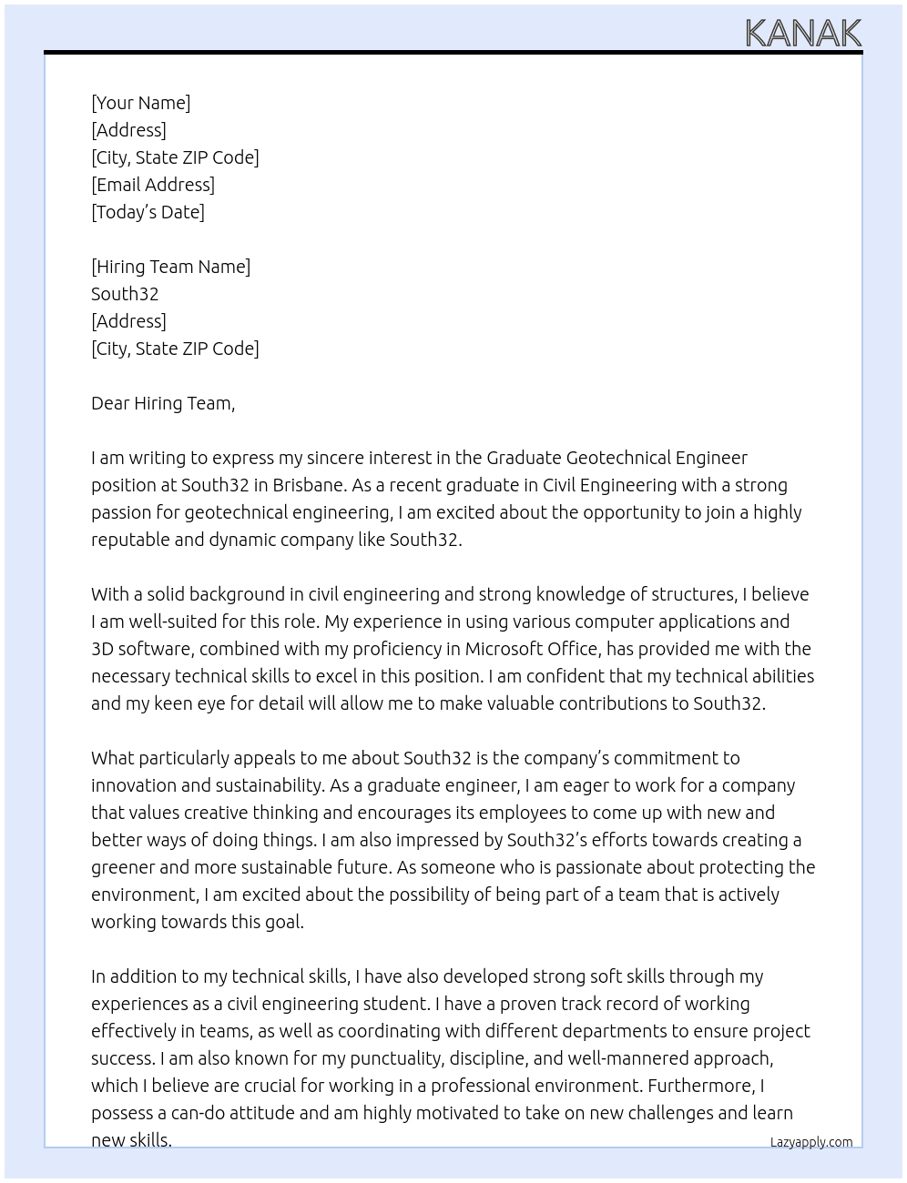Graduate Geotechnical Engineer  At South32 Cover Letter