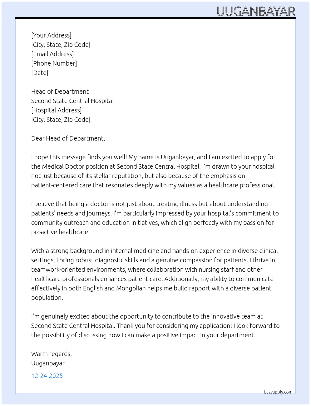 Cover letter for medical doctor - LazyApply