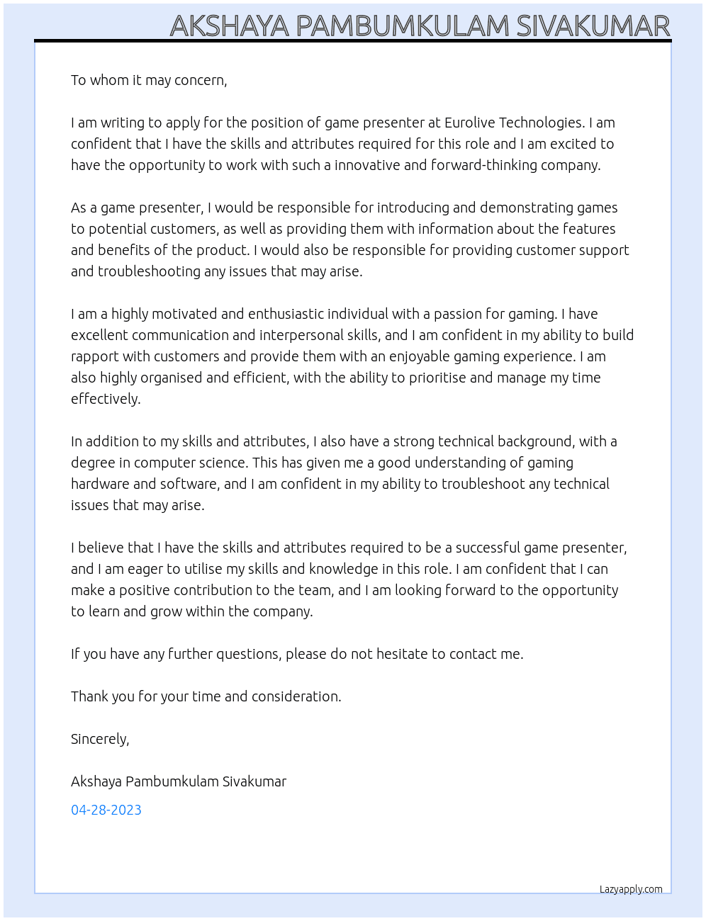 Game presenter At Eurolive Technologies Cover Letter