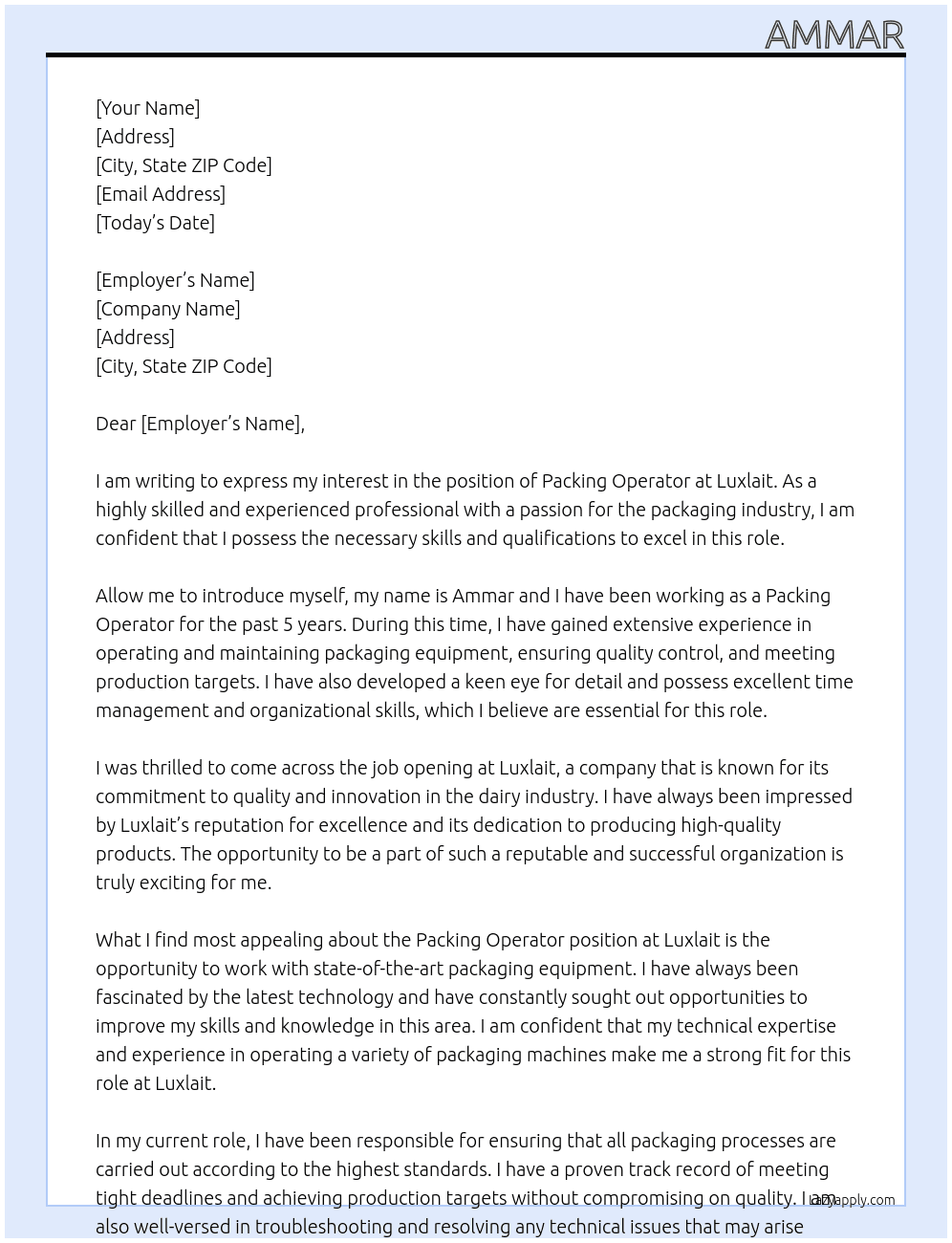 packing operator At luxlait Cover Letter